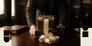 A person focused on a vintage brass stock ticker tape machine, its paper strip overflowing with financial news, illustrating economic shifts.