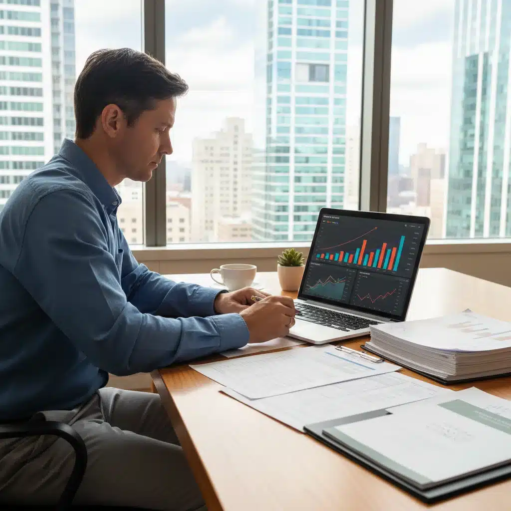 Individual analyzing financial data and investment portfolios, illustrating personal finance management.