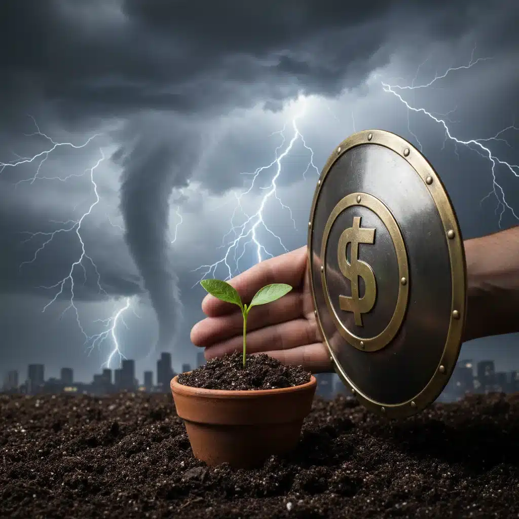 Hand shielding a growing plant against economic storm, symbolizing investment protection.