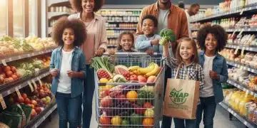 Family smiling while shopping for groceries with SNAP benefits