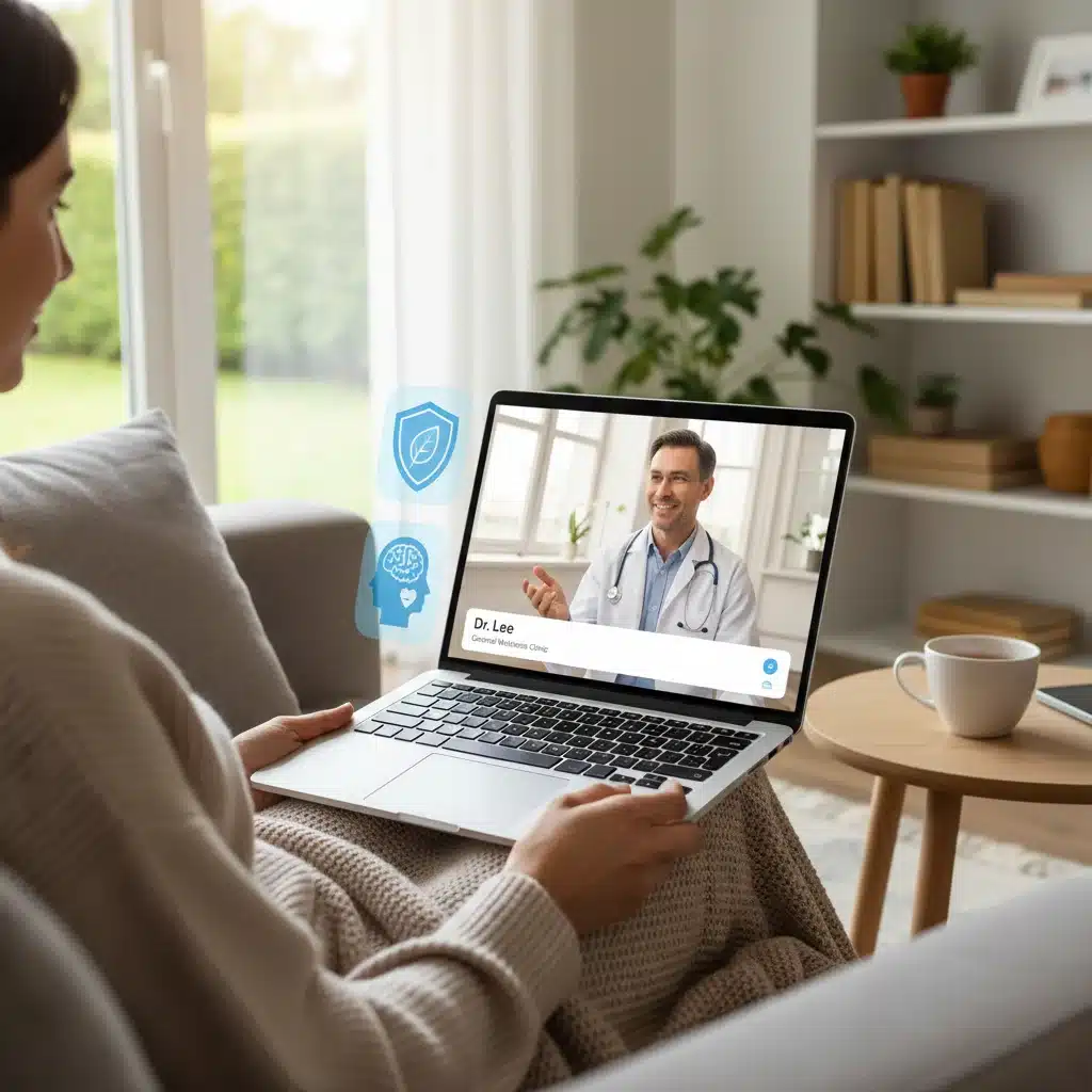 Person on laptop having a telehealth consultation, highlighting accessible modern healthcare and preventative care.